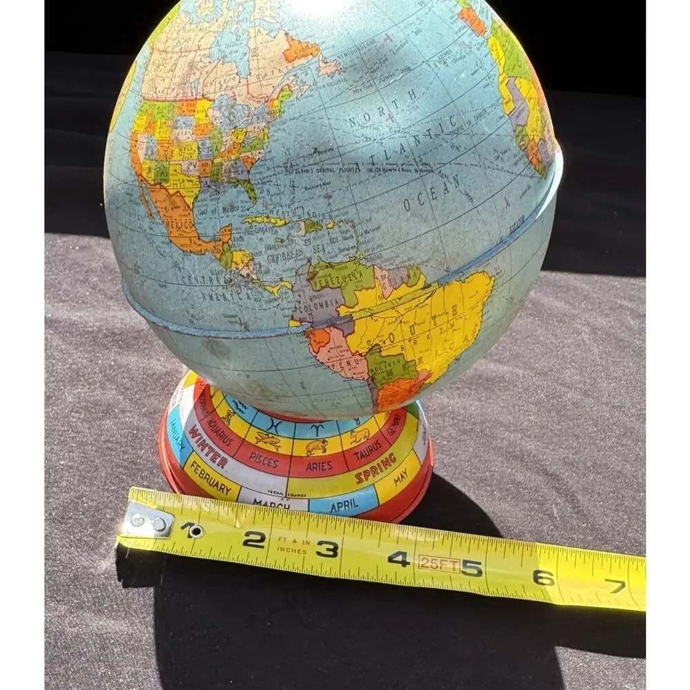 Vintage Metal Globe Coin Bank By Ohio Art Co with Months Seasons Zodiac Signs